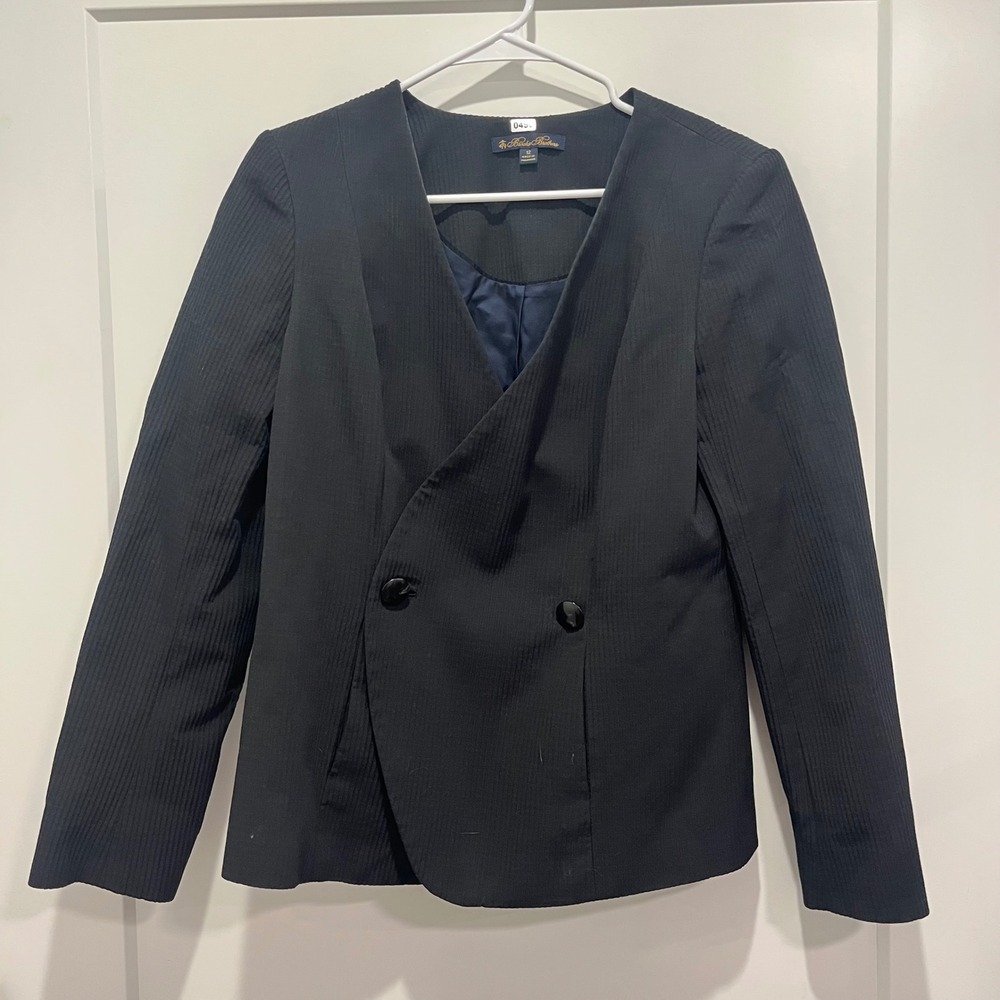 Brooks Brothers Women Black Textured Double Breasted Collarless Blazer Jacket 12